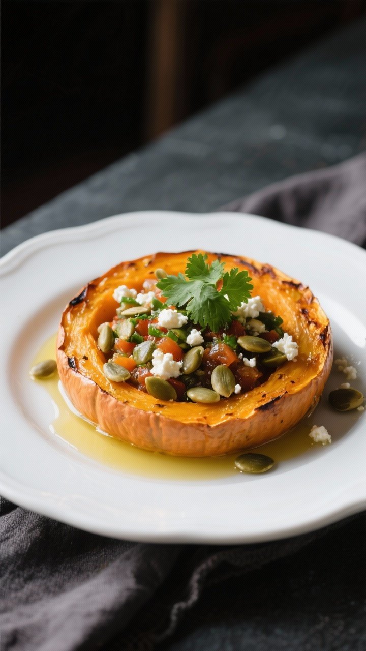 Final dish presentation: Restaurant-quality plate of Air Fryer Roasted Pumpkin with Pumpkin Seed Sal