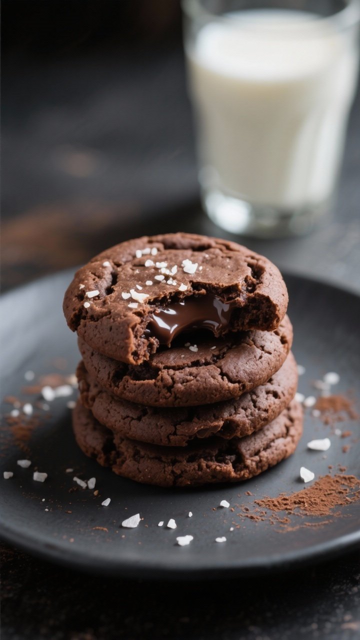 Final dish presentation: Restaurant-quality plate of stacked bakery-style triple-choc cookies (large