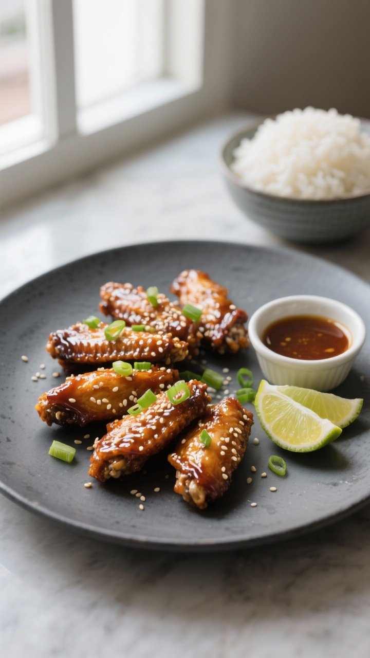 Final dish presentation: Restaurant-quality plate of sticky sesame wings arranged in a loose fan on 