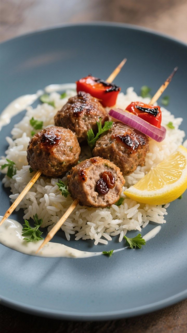 Final dish presentation: Restaurant-quality plate of two skewers over fluffy rice with a light drizz