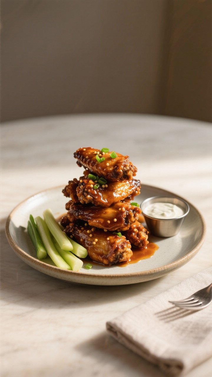 Final dish presentation: Restaurant-quality plate of wings stacked high on a wide-rim ceramic plate,
