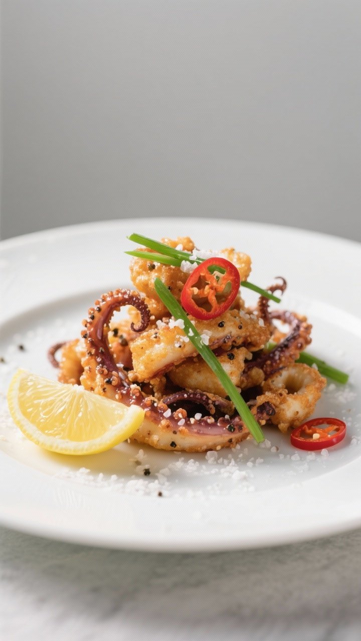Final dish presentation: Restaurant-quality plate of salt and pepper calamari, artfully stacked on a