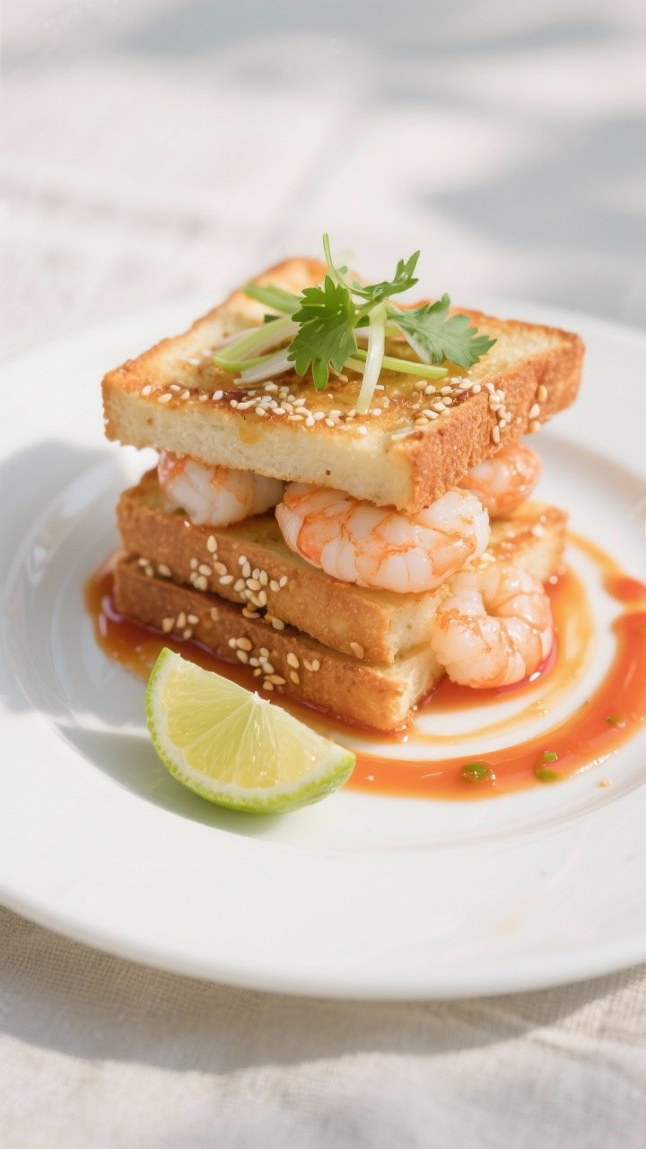 Final dish presentation: Restaurant-quality plate of prawn toast stacked slightly offset to reveal t