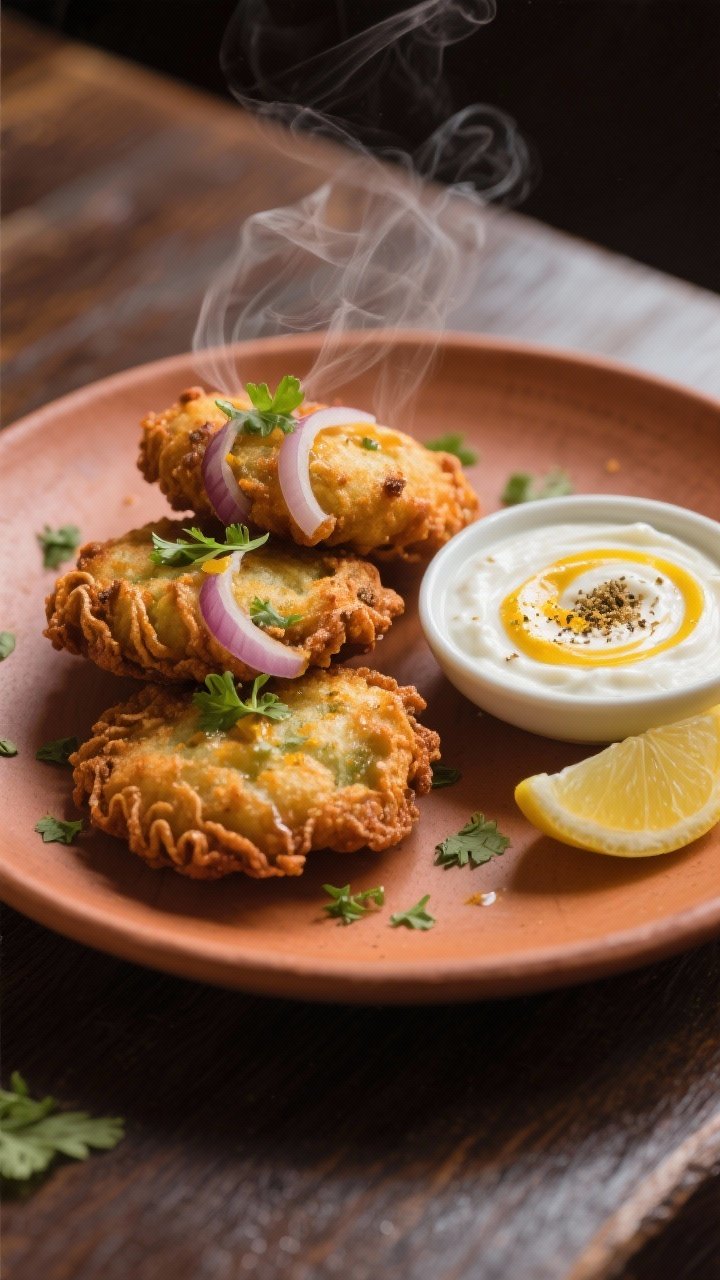 Final dish presentation: Restaurant-quality plate with 3–4 bhajis stacked, steam subtly visible, d