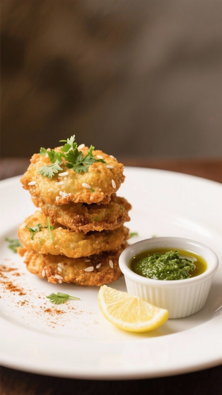 Final dish presentation: Restaurant-quality plate of pakoras stacked loosely for height on a matte w