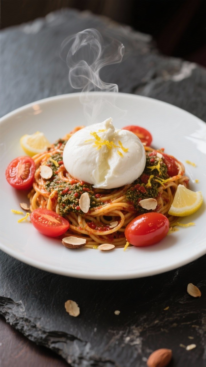 Final dish presentation: Restaurant-quality plate of pesto rosso pasta with optional creamy burrata 