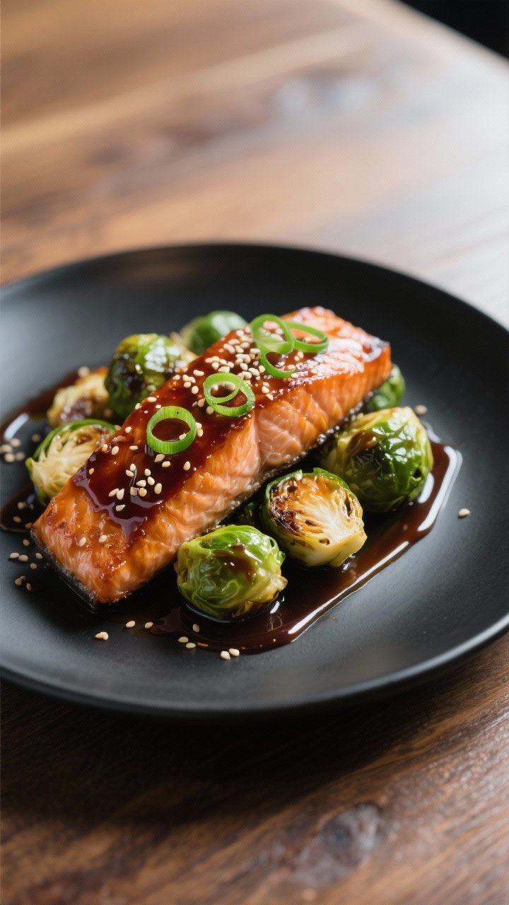 Final dish presentation: Restaurant-quality plate of teriyaki-glazed Brussels sprouts and salmon fil