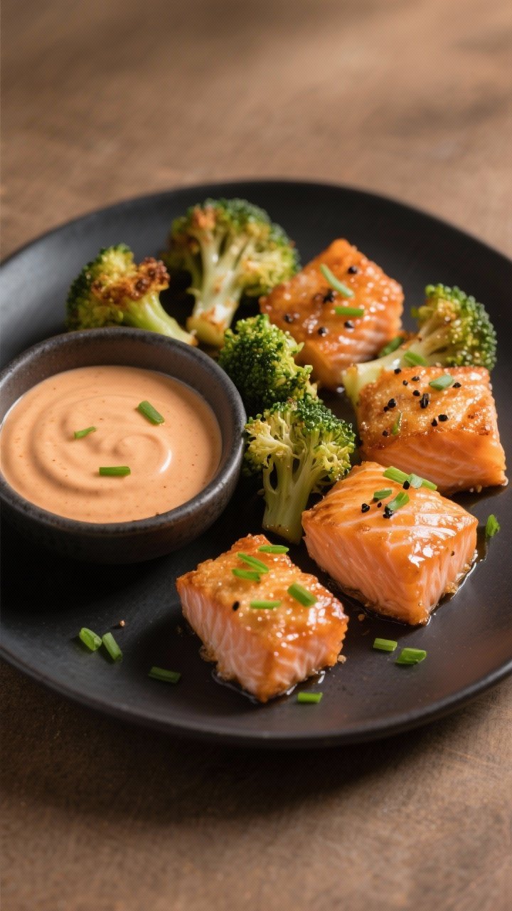 Final dish presentation: Restaurant-quality plate of air-fried salmon bites lacquered with a light b