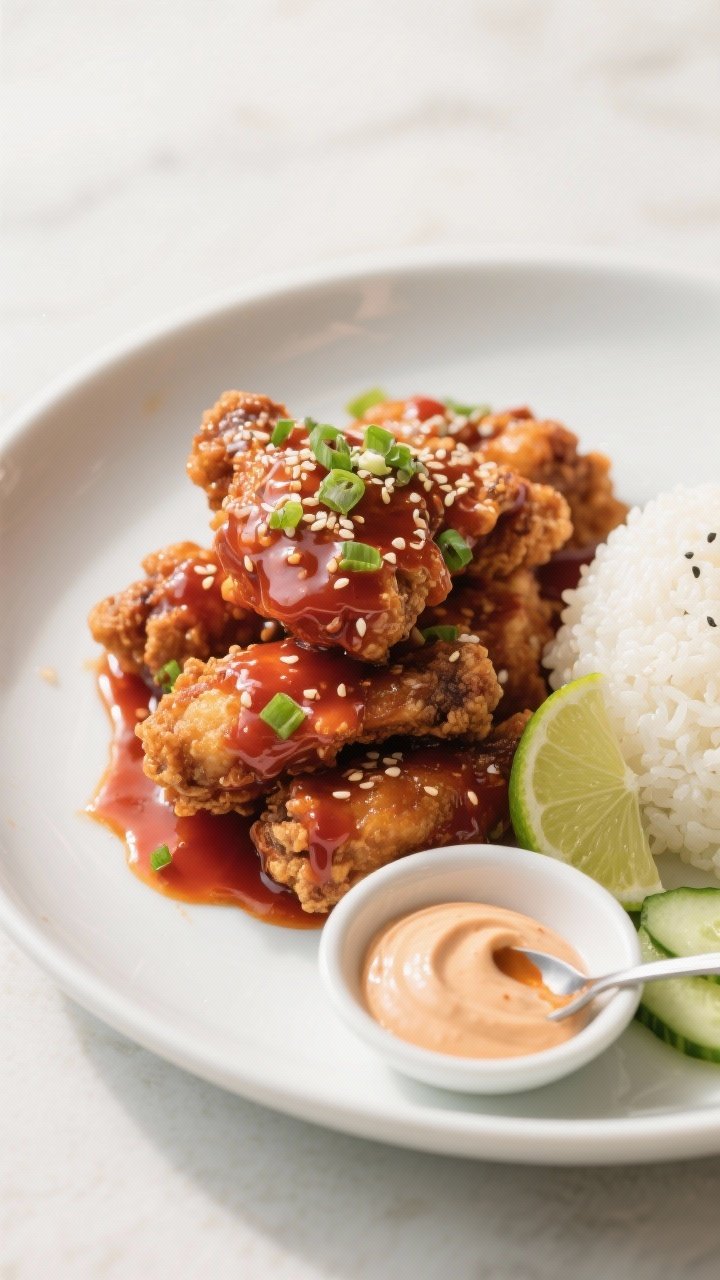 Final dish presentation: Restaurant-quality plate of Korean fried chicken glazed in gochujang sauce,