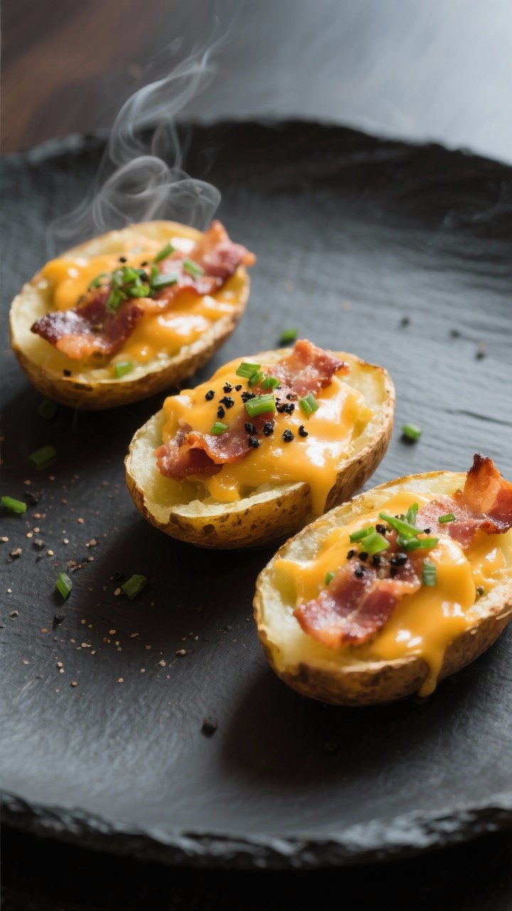 Final dish presentation: Restaurant-quality plate with three neatly arranged loaded potato skins, ch