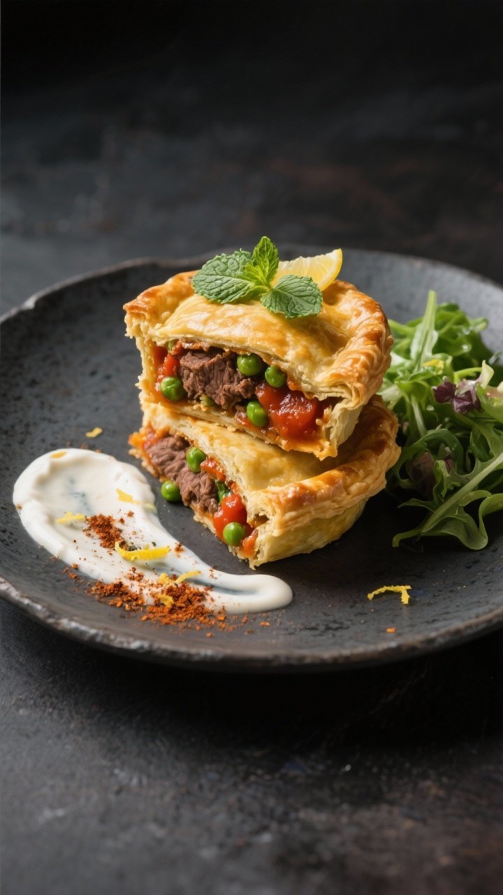 Final dish presentation: Restaurant-quality plate with two lamb pies stacked slightly, one cut on th