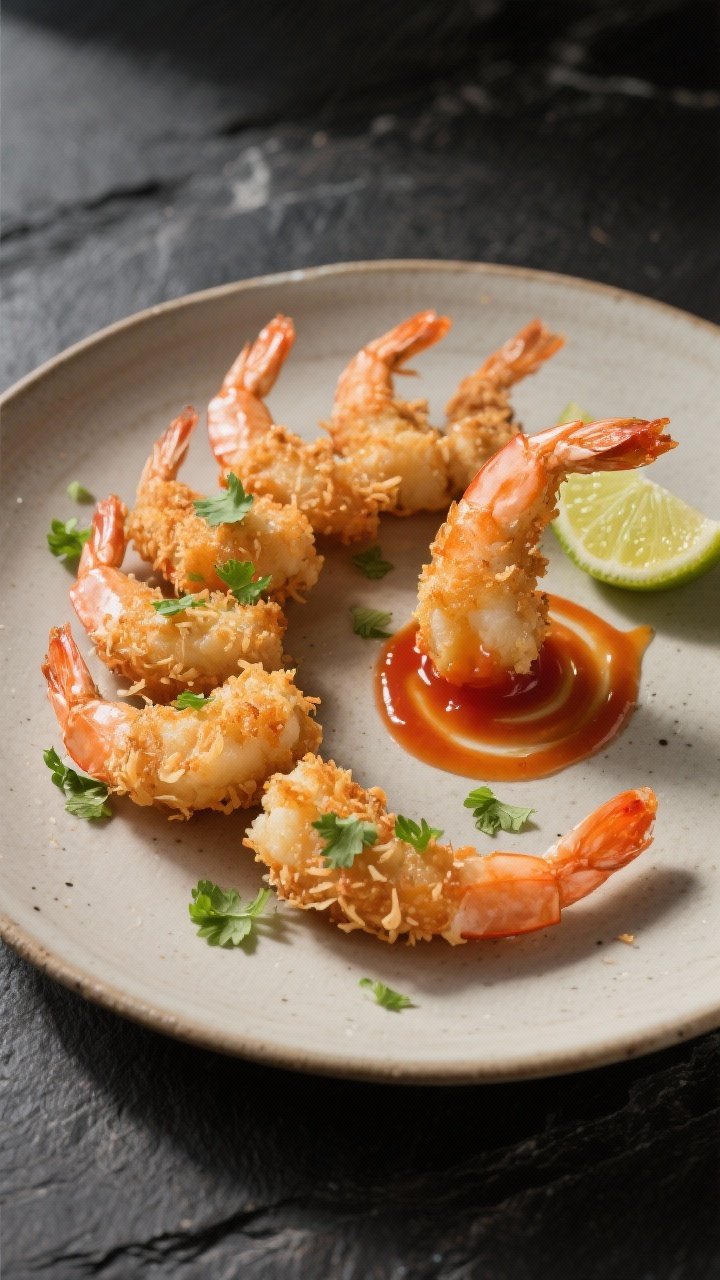 Final dish presentation: Restaurant-quality plate of coconut shrimp arranged in a crescent with tail