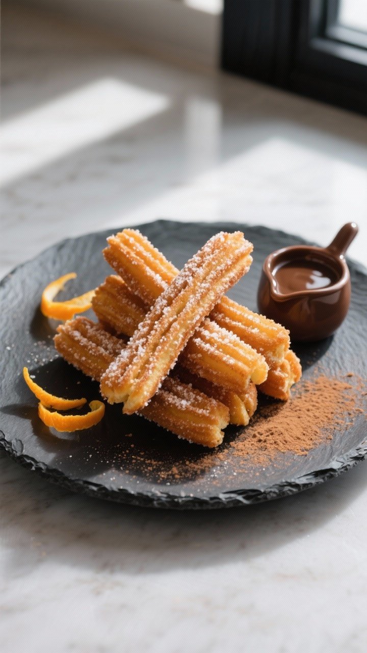 Final dish presentation: Restaurant-quality plate of full-length churros stacked in a neat crisscros