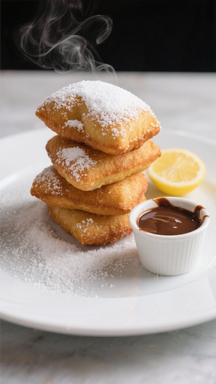 Final dish presentation: Restaurant-quality plate of stacked beignets on a simple white plate, drama