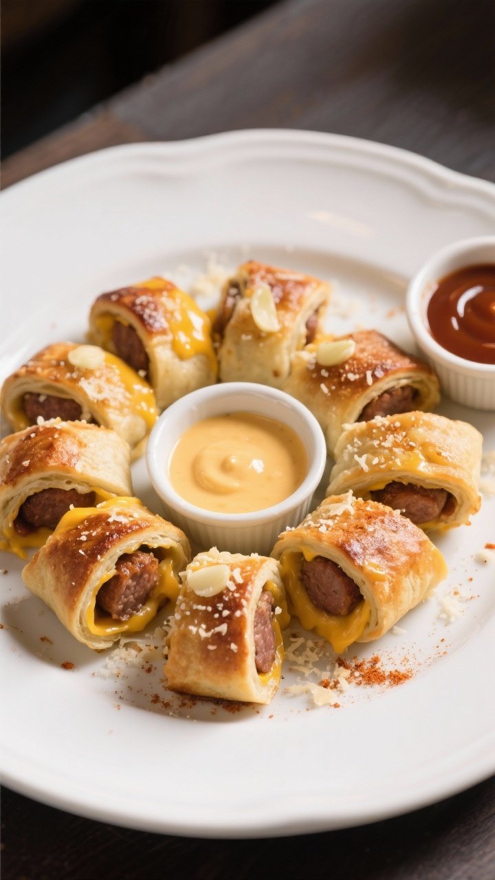 Final dish presentation: Restaurant-quality plate of air fryer pigs in a blanket arranged in a neat 