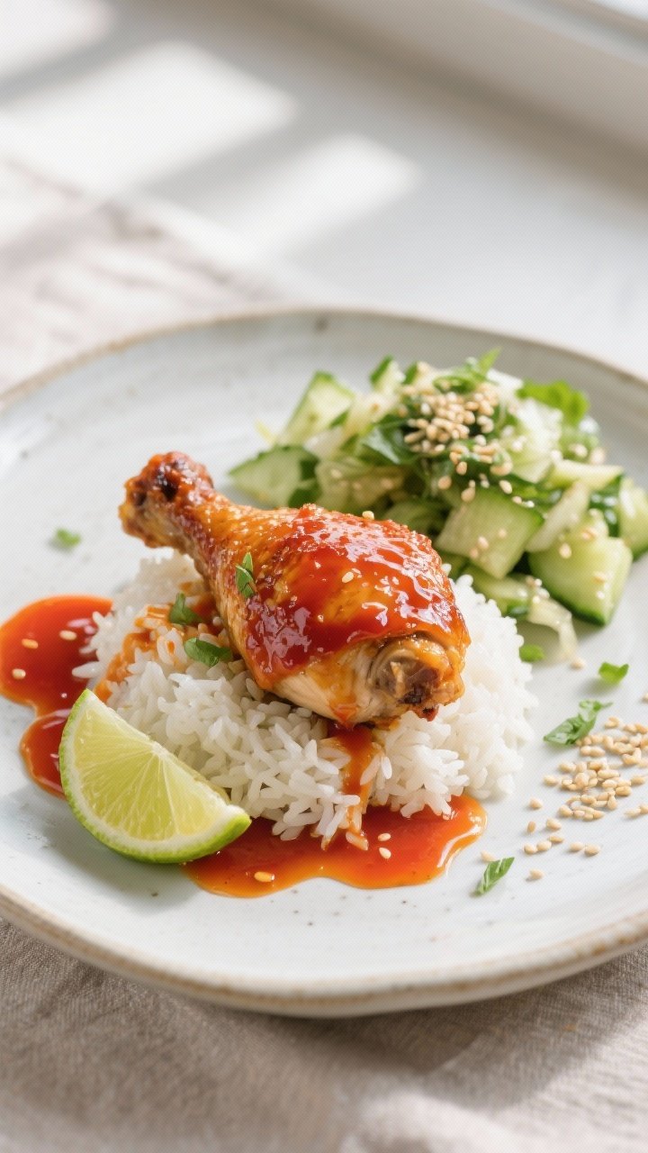 Final dish presentation: Restaurant-quality plate of Honey Sriracha chicken thigh over coconut rice,
