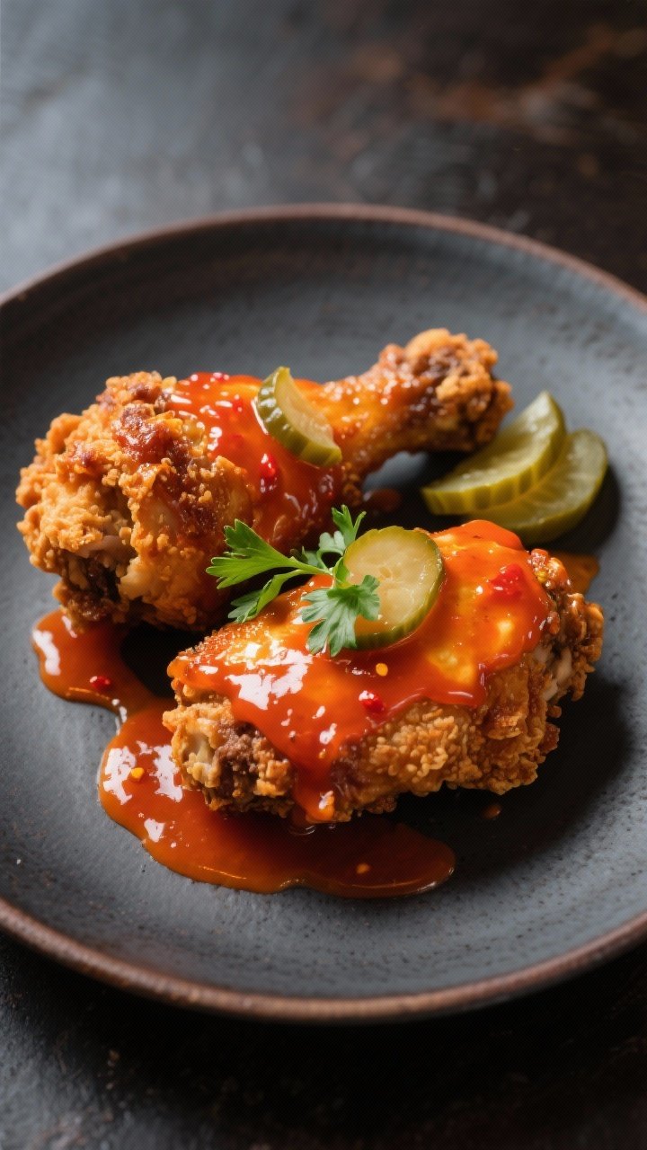Final dish presentation: Restaurant-quality plate of Nashville-style variation—two crispy chicken 