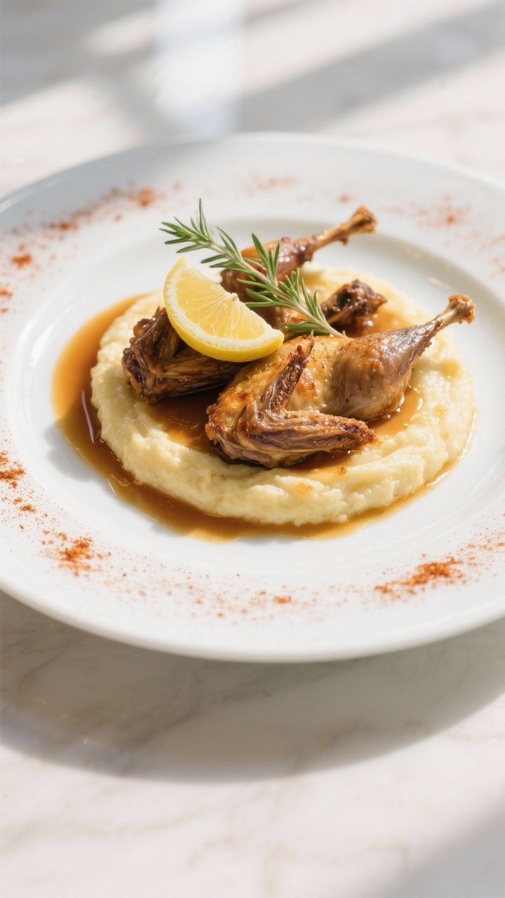 Final dish presentation: Restaurant-quality plate of air-fried quail set on creamy polenta, pan juic