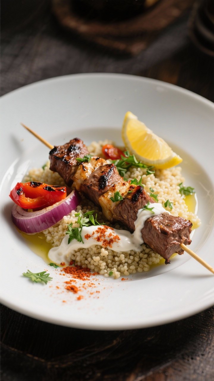 Final dish presentation: Restaurant-quality plate of two lamb skewers over fluffy herbed couscous, d