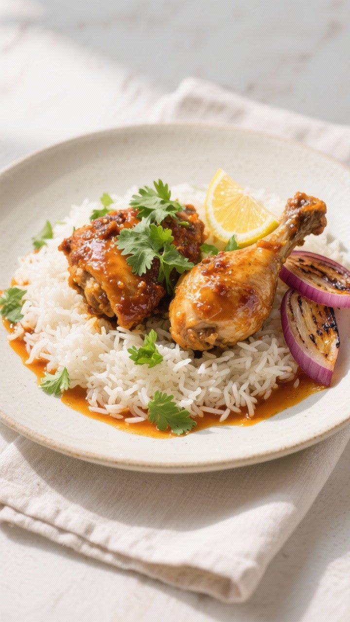 Final dish presentation: Restaurant-quality plate of chutney roast chicken thigh and drumstick over 