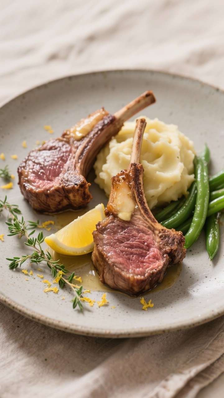 Final dish presentation: Restaurant-quality plate of two lamb loin chops, medium-rare center visible