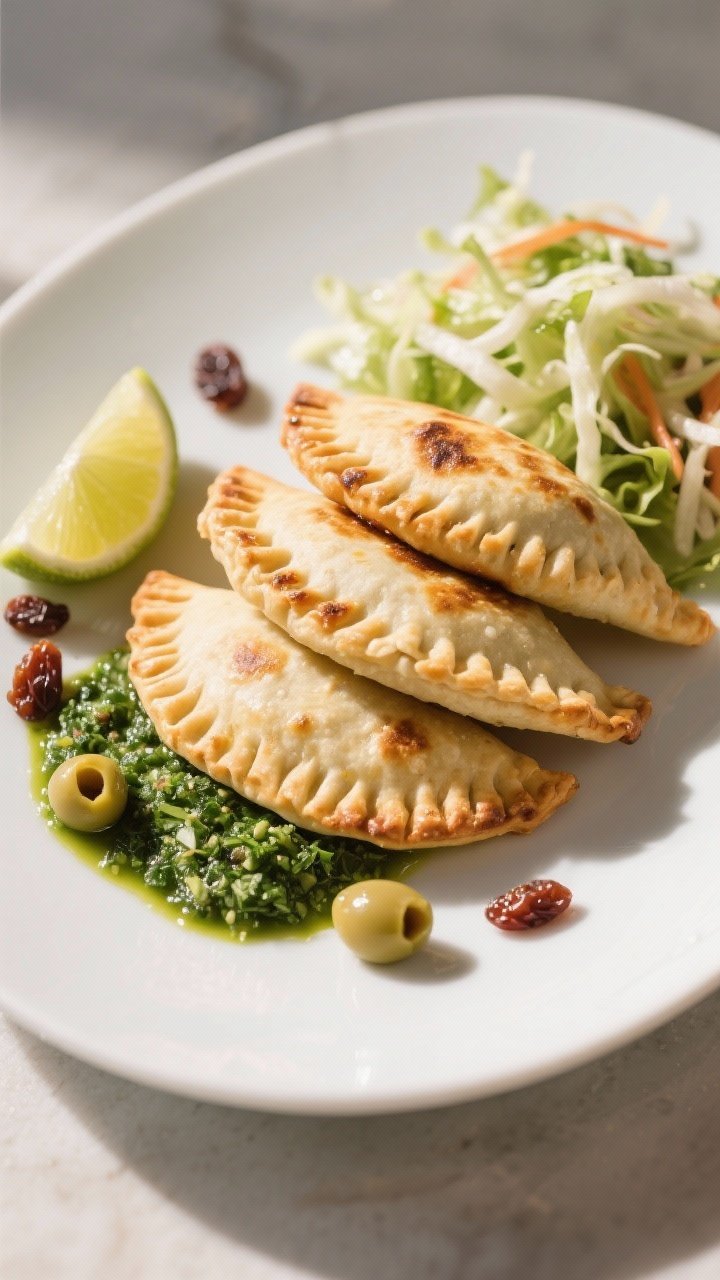 Final dish presentation: Restaurant-quality plate with three empanadas stacked slightly offset to hi