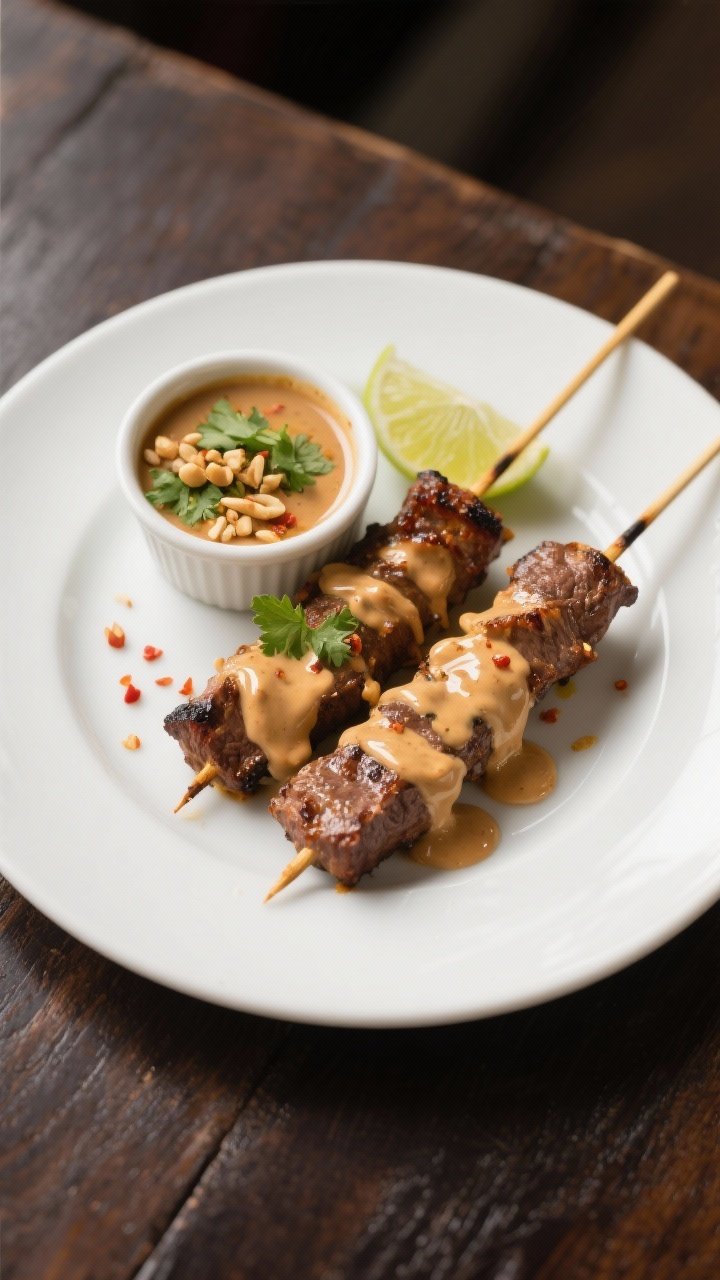 Final dish presentation: Restaurant-quality plate with two skewers of beef satay drizzled generously