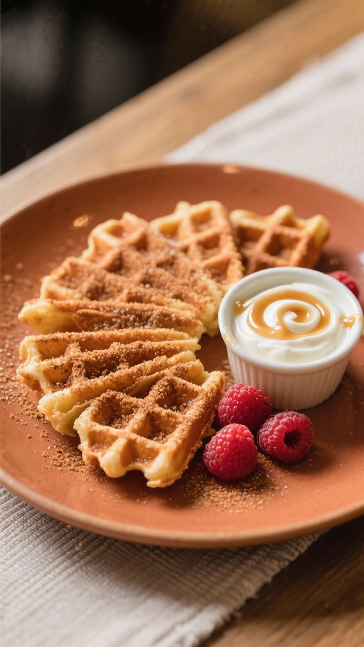 Final dish presentation: Restaurant-quality plate of waffle churros arranged in a fan, dusted with a