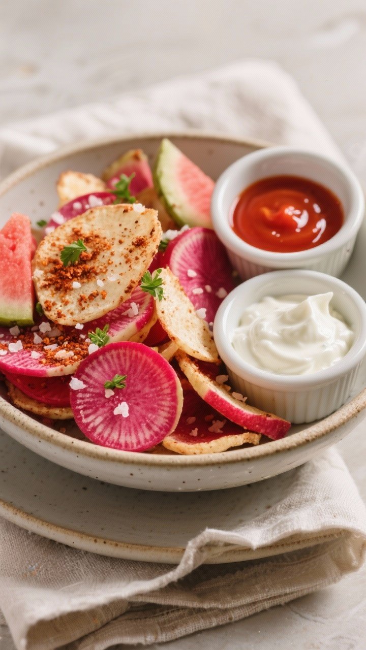 Final dish presentation: Restaurant-quality plate of assorted radish chips (red globe and watermelon