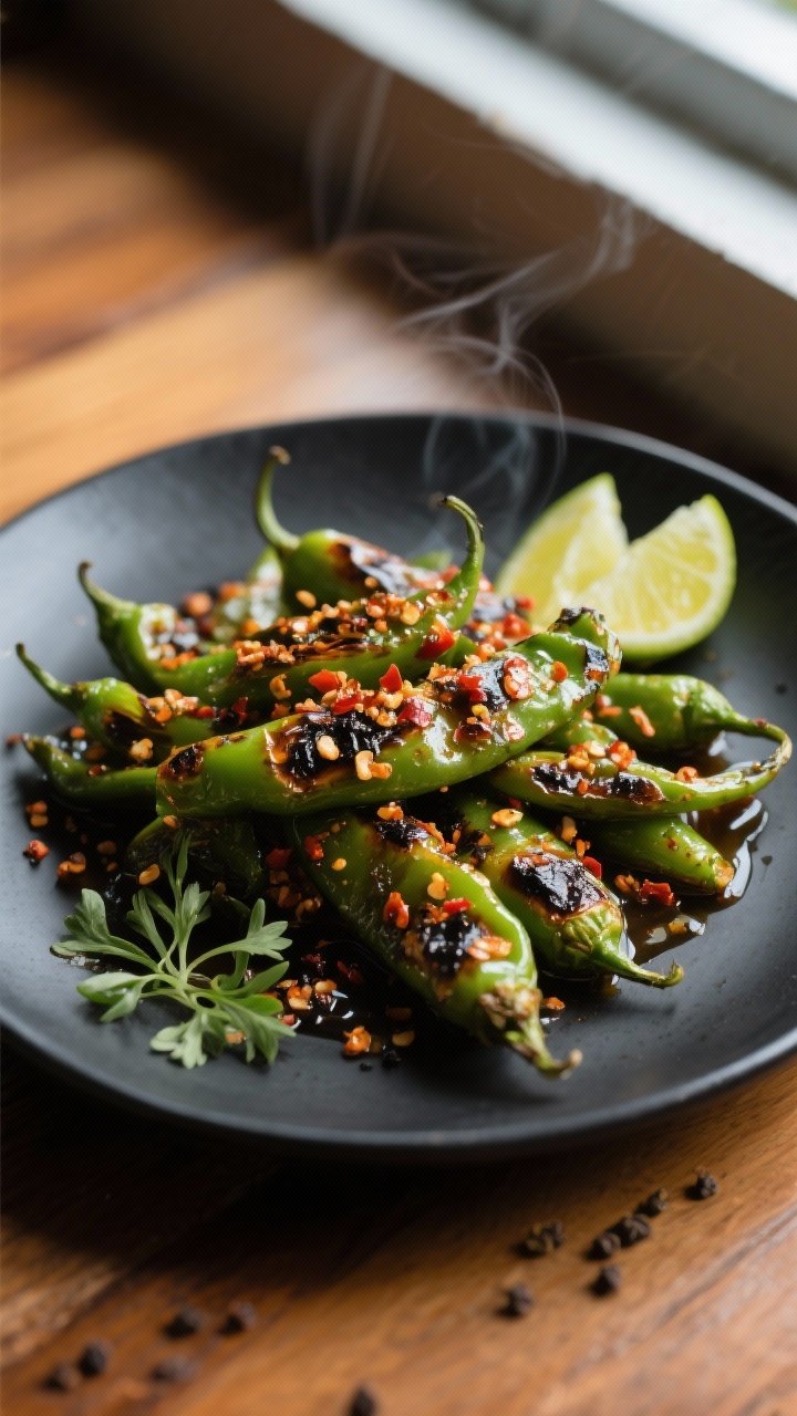 Final dish presentation: Restaurant-quality plate of blistered shishito peppers with a “Spicy Crun
