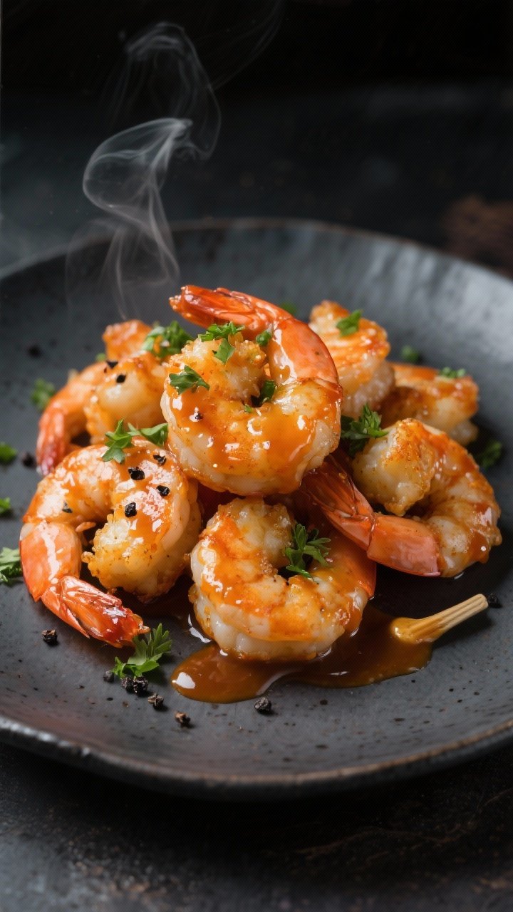 Final dish presentation: Restaurant-quality plate of Honey Buffalo shrimp fresh from the air fryer, 
