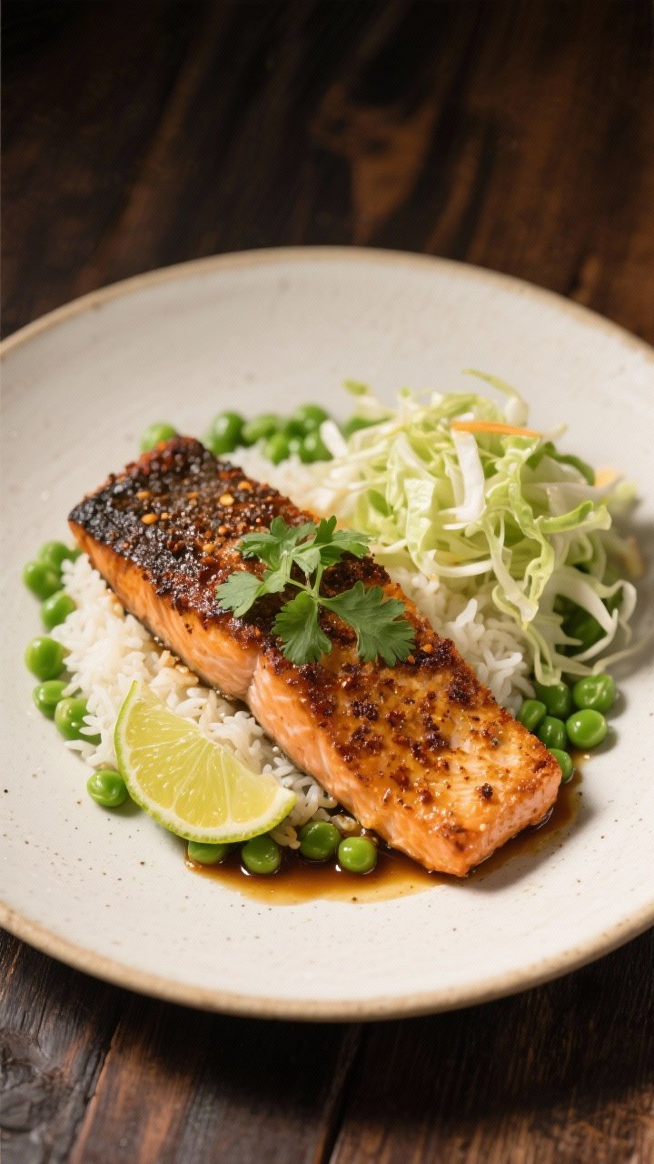 Final dish presentation: Restaurant-quality plate of air-fried jerk salmon fillet with caramelized s