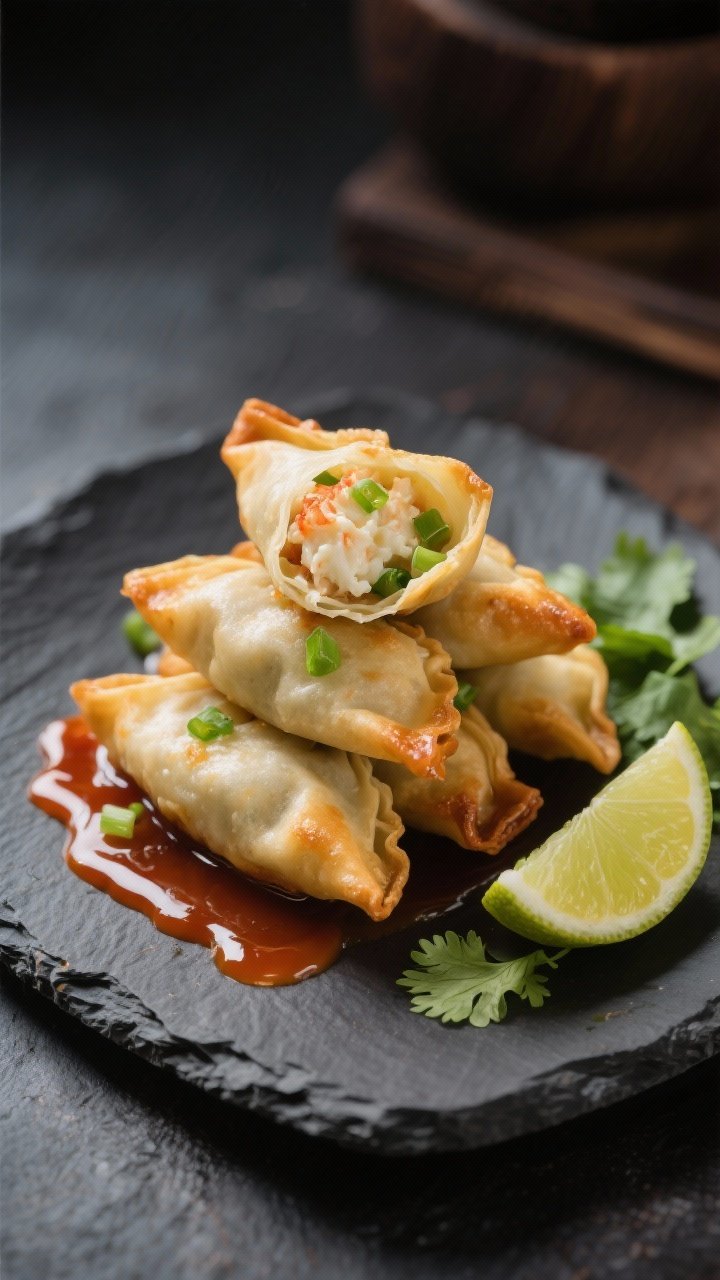 Final dish presentation: Restaurant-quality plate of Crab Rangoons stacked artfully with one broken 