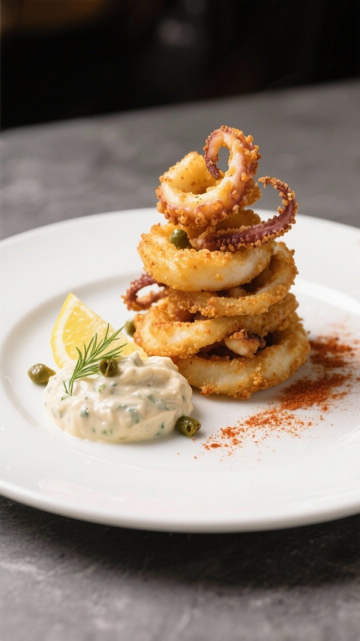 Final dish presentation: Restaurant-quality plate of air fryer calamari stacked in a neat mound, dra