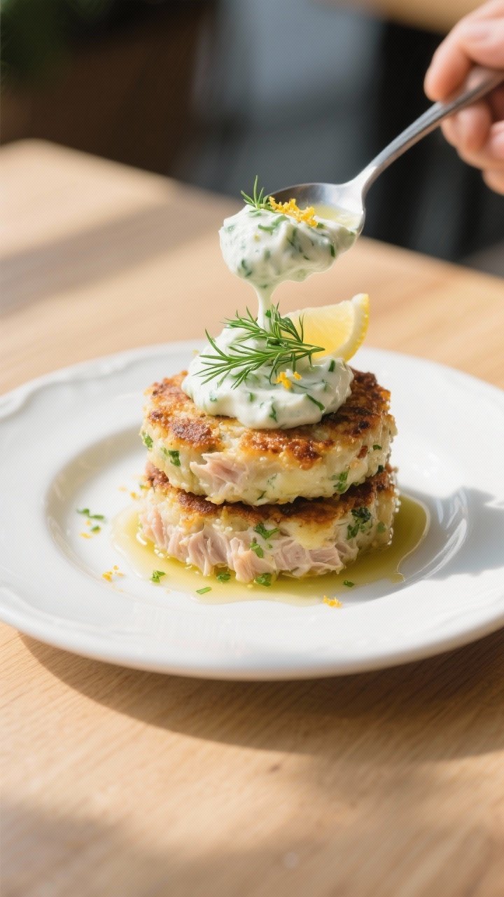 Final dish presentation: Restaurant-quality plate with two stacked tuna and potato fish cakes topped