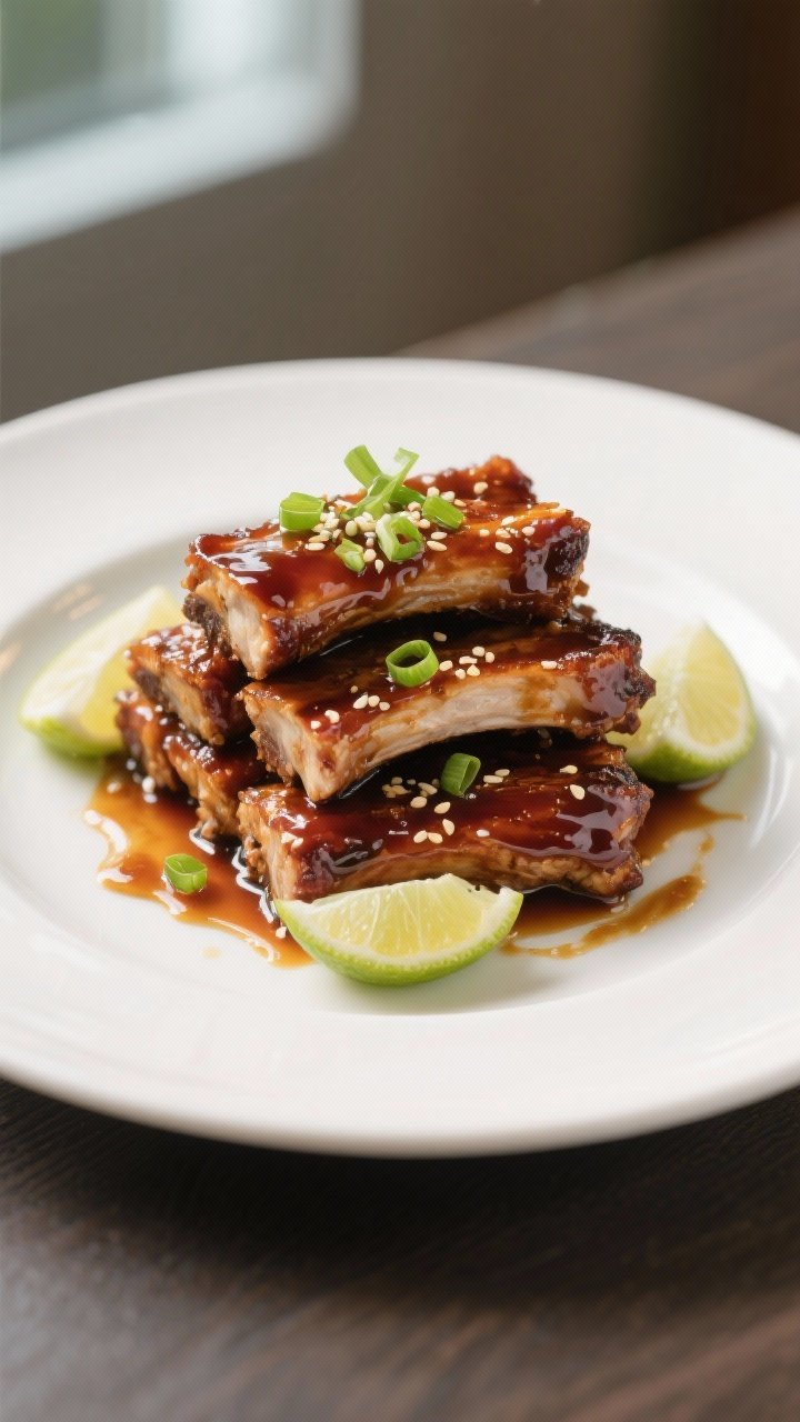 Final dish presentation: Restaurant-quality plate of stacked sticky ginger ribs on a wide white cera