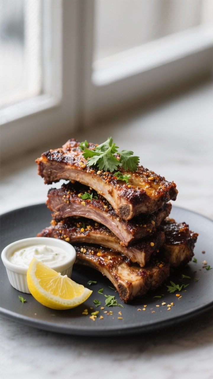Final dish presentation: Restaurant-quality plate of lamb ribs stacked for height on a matte charcoa
