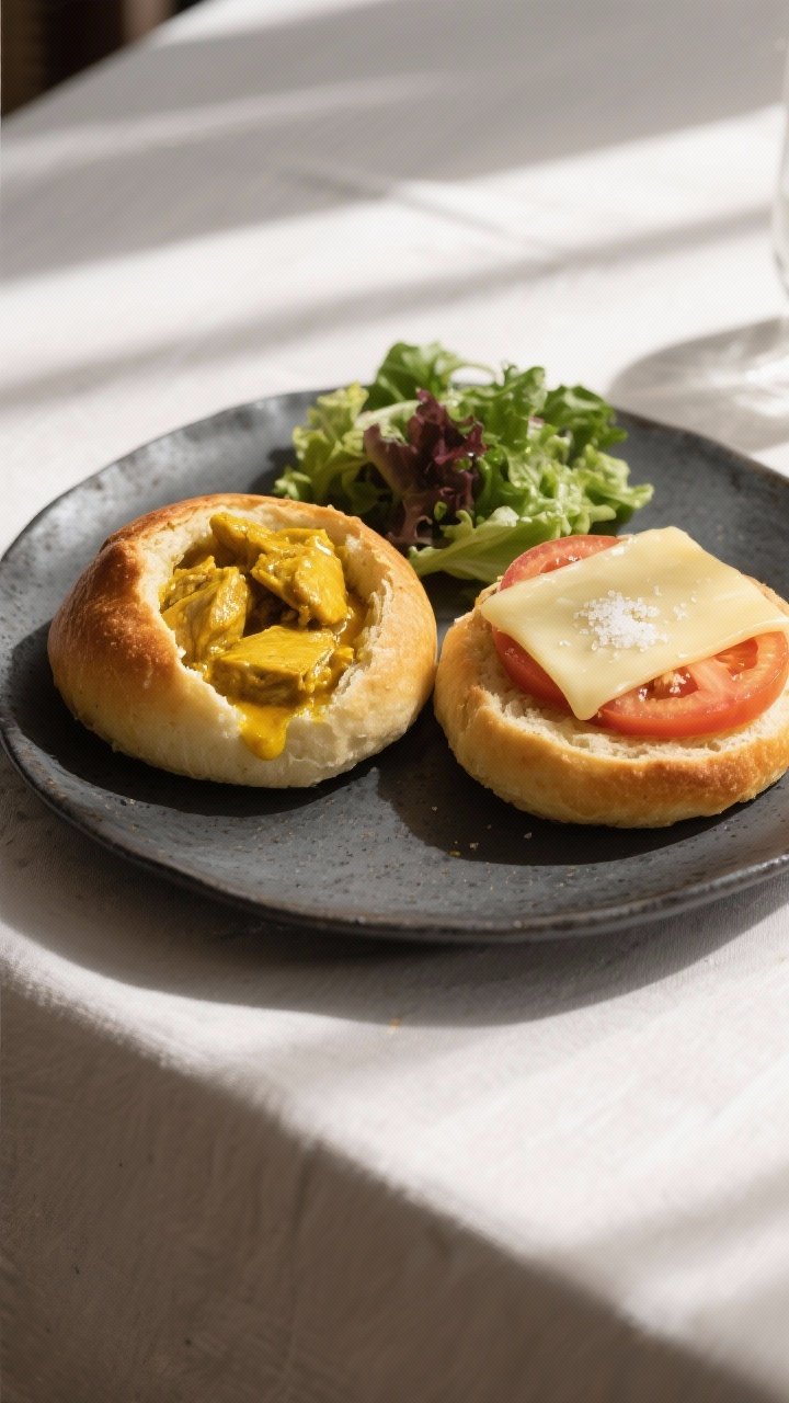 Final dish presentation: Restaurant-quality plate of two vetkoek—one stuffed with curried chicken