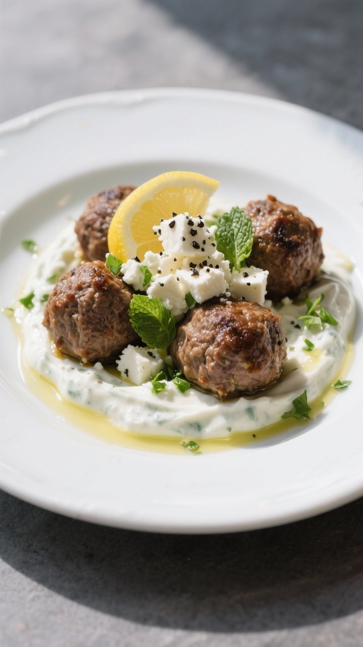 Final dish presentation: Restaurant-quality plate—3–4 lamb meatballs nestled on a swoosh of tzat