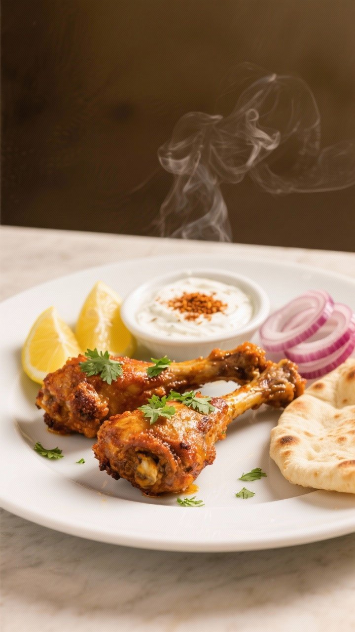 Final dish presentation: Restaurant-quality plated drumsticks on a white ceramic platter, garnished 