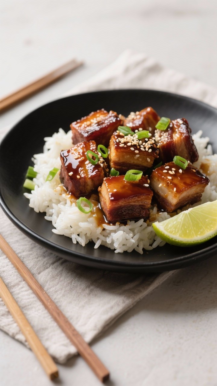 Final dish presentation: Restaurant-quality plated Air Fryer Pork Belly Bites with Asian glaze on a 