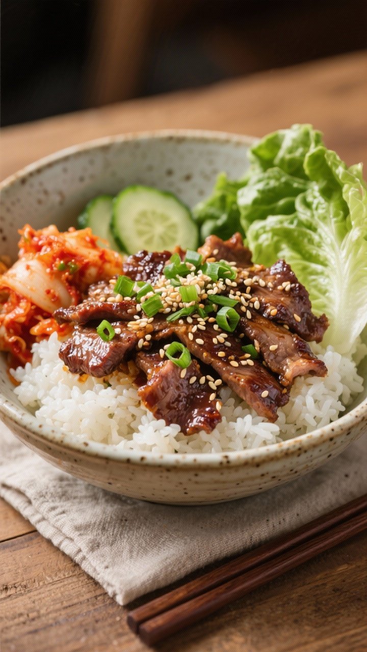 Final dish presentation: Restaurant-quality plated Korean beef bulgogi bowl—fluffy white rice topp