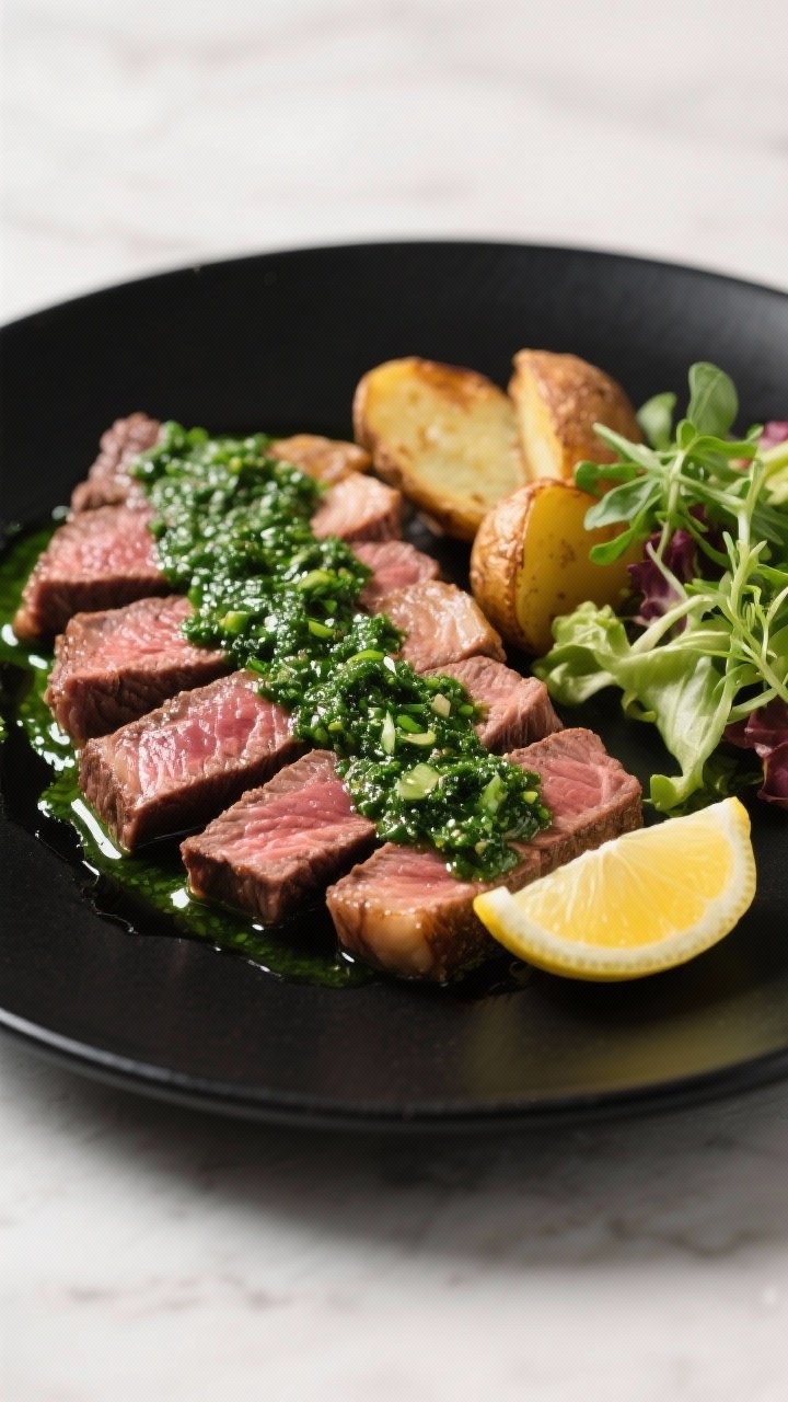 Final dish presentation: Restaurant-quality plated chimichurri steak, thin slices fanned on a matte 