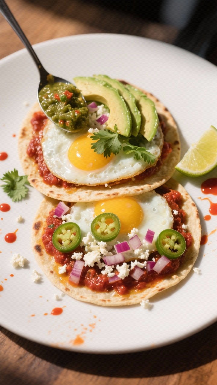 Final dish presentation: Restaurant-quality plated huevos rancheros on a matte white plate—two tor