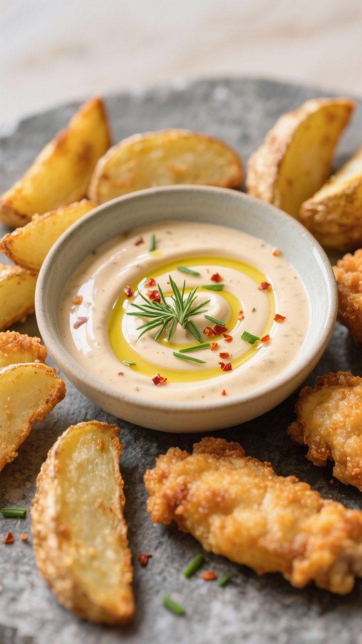 Final dish presentation: Restaurant-quality plated scene—small shallow bowl of the finished dippin