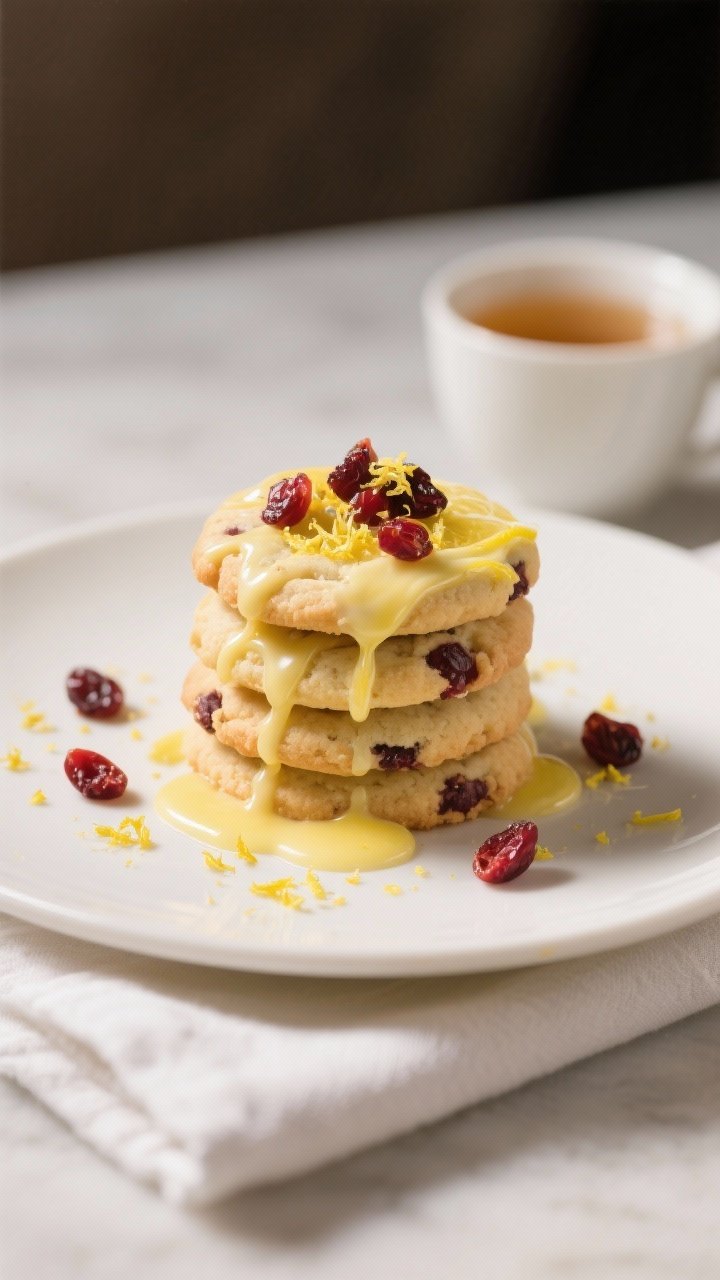 Final dish presentation: Restaurant-quality plated stack of lemon and cranberry cookies on a matte w