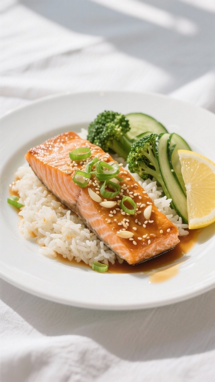 Final dish presentation: Restaurant-quality plated honey garlic salmon on a white rimmed plate over