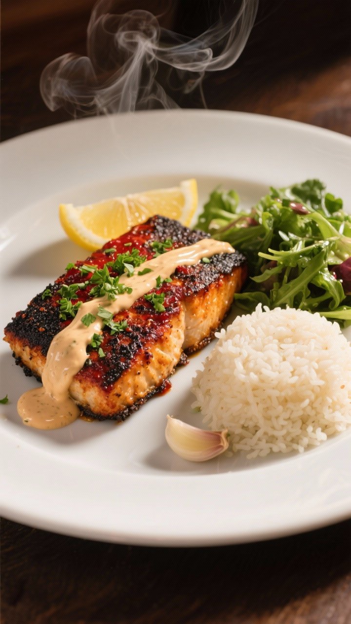 Final dish presentation: Restaurant-quality plated air fryer blackened cod on a matte white plate, d