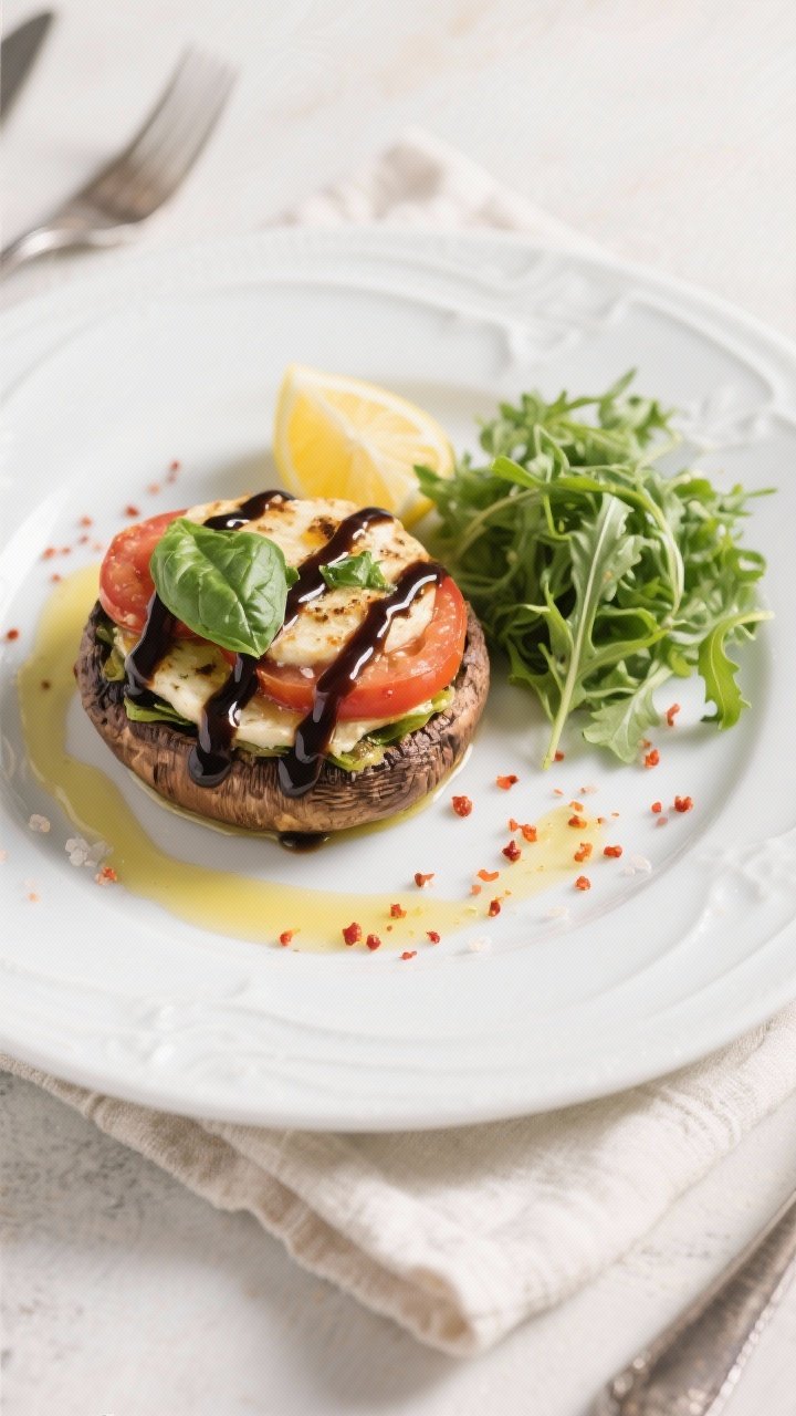 Final dish presentation: Restaurant-quality plated Air Fryer Caprese Stuffed Portobello on a white c