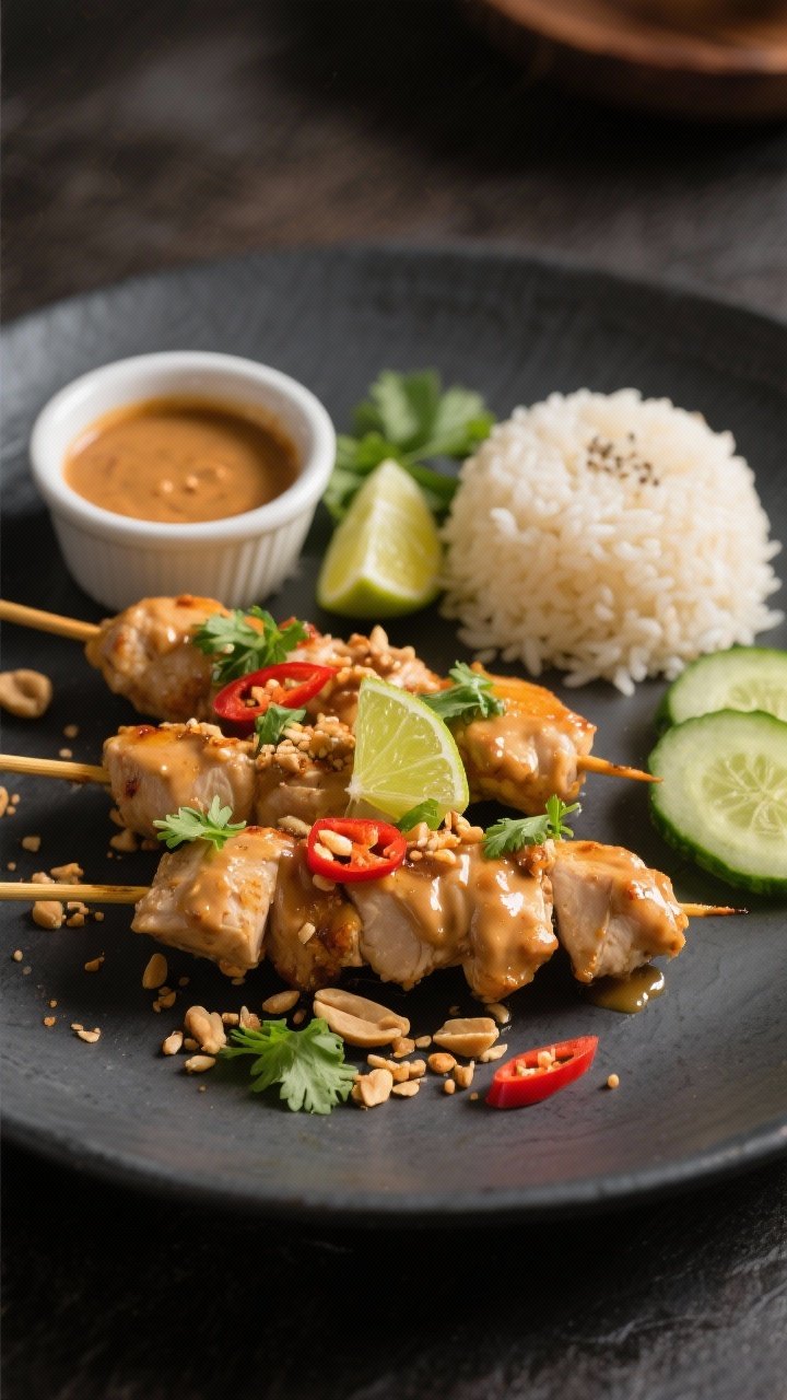 Final dish presentation: Restaurant-quality plated chicken satay skewers on a matte charcoal plate, 